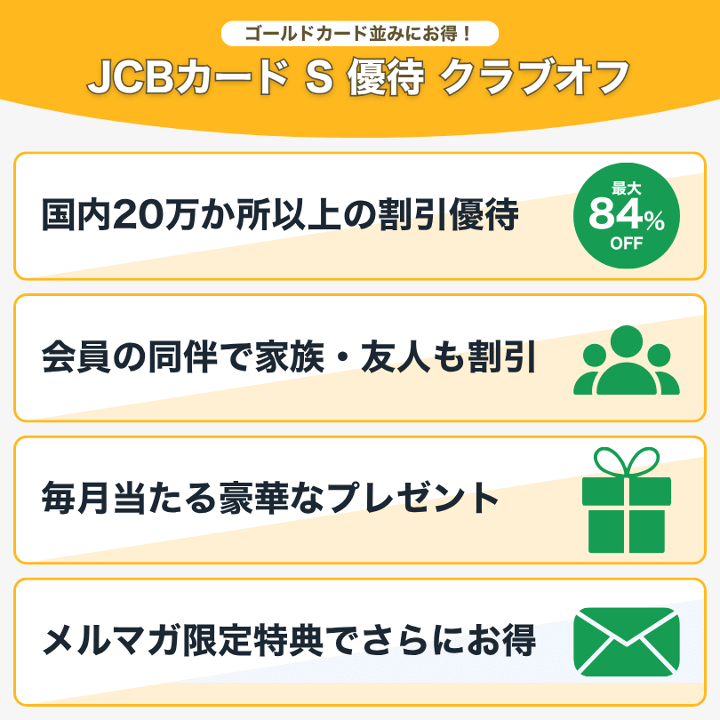 JCBカード Sの優待クラブオフは国内20万か所以上の施設やサービスが最大84%オフになる